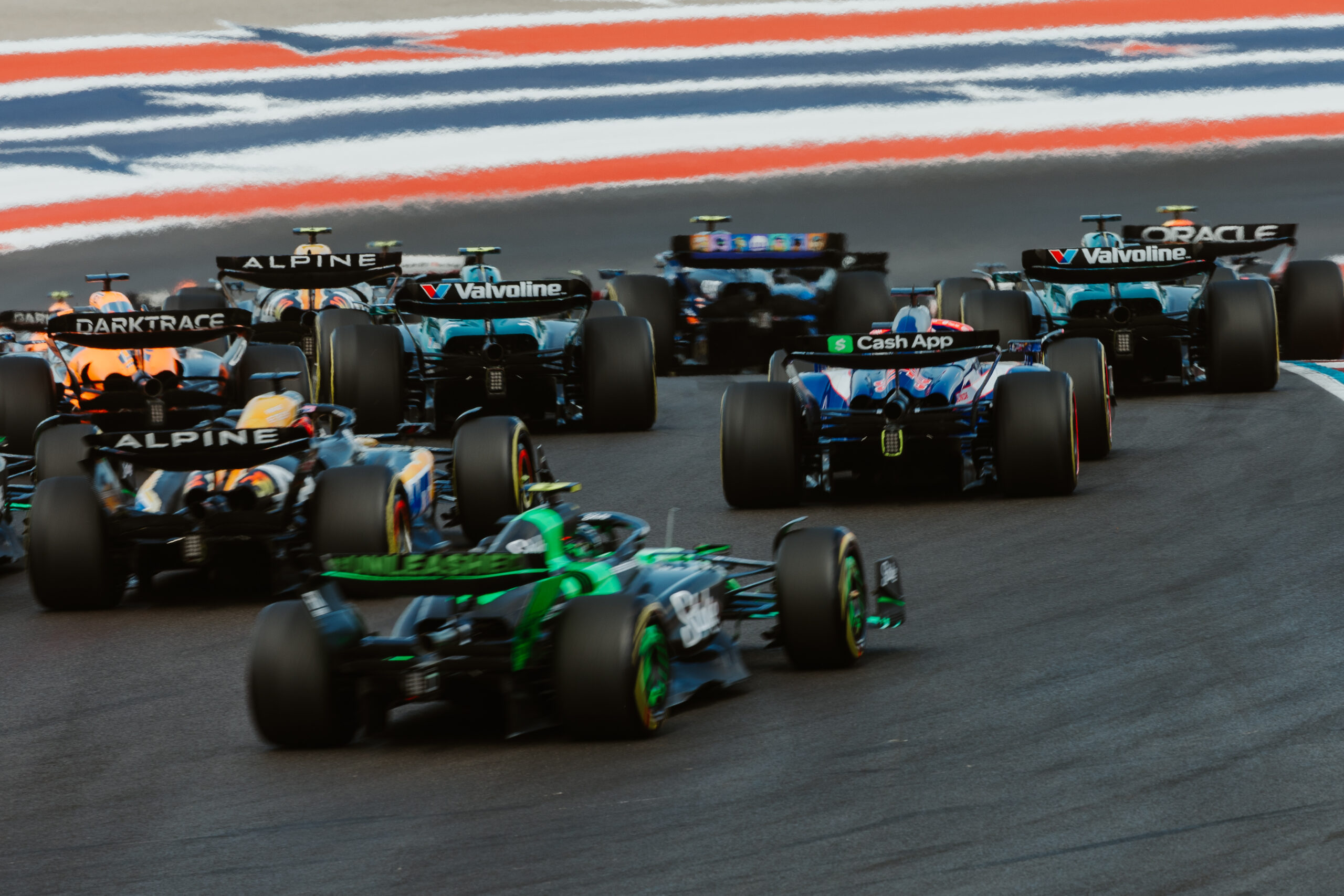 The 20-car field exits turn one just after the start of the sprint race.